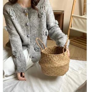 Women's Knits Vintage Style 3D Rose O-Collar Knitted Cardigan For Women Sweater Knitwear Outwear Tops Spring Autumn 2024 N25