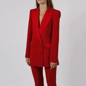 Men's Suits Fashion Elegant Red Women's Suit Two-pieces (Jacket Flared Pants) Set Fashionable Leisure Female Clothing