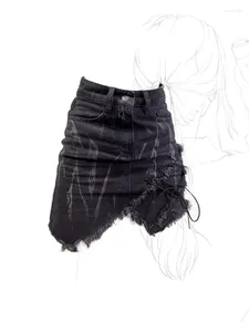 Kjolar kvinnor jean shorts blå vintage y2k snörning oregelbunden a-line mini denim kjol koreanska harajuku flickor mode sommar 2024