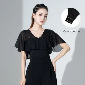 Stage Wear 2024 Women Ballroom Costume Black Sexy Conjoined Crotch Top Chest Ruffled Sleeves Female Latin Dance High Quality Clothes