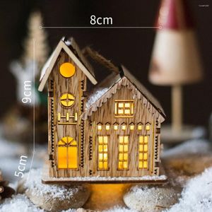 Julekorationer Snöhusbelysning Xmas Tree Hanging Ornaments Holiday Party Micro Landscape Decoration Wood Village