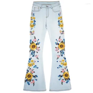 Kvinnors jeans sträcker blossade broderier Flower Design Women Wide Leg Pants Boot Cut Denim Trousers Vintage Runway Bell Bottom Harajuku