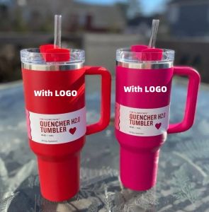 Flamingo Comso Pink Parade مرسومة H2.0 40oz Tumblers Cups مع غطاء مقبض وقش Red Target Car Mugs Stainless Steel Coffee Tumbler 0201