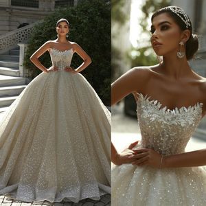 Luxury Strapless Wedding Dresses Pearls Sequins Bridal Ball Gowns Beaded Sleeveless Illusion Custom Made Lace Vestido de novia
