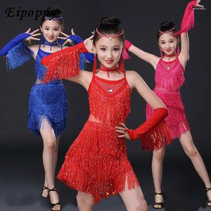 Сценическая одежда, детская юбка для латинских танцев, костюм для выступлений, одежда для соревнований, расшитая блестками кисточкой для девочек