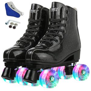 Flashing Quad Roller Skate Shoes Pu Leather Kid Youth Double Row Sneaker Wheels Adult Sliding Parkour Runaway Skating Sport Gift 240131