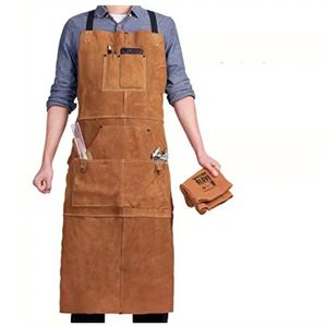 Cowhide Leather Work Shop förkläde med 6 verktygsfickor Värmeflambeständig Hållbar tungt svetsförkläde för män Kvinnor 240131