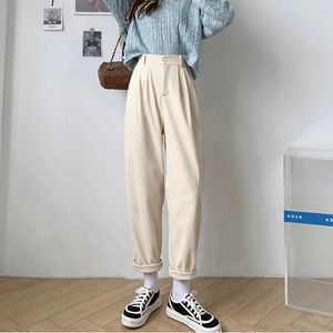 Moda cintura alta calças de veludo feminino queda em linha reta causal comprimento total calças vintage bolsos café todo o jogo pant 240201