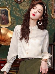 Women's Blouses Chinese Style Pattern Top Women Acetate Satin Long Sleeve Shirt Spring Clothes 2024 High Sense Apricot Blouse Femme