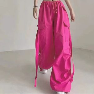 Calças de carga rosa verão oversized sweatpants rendas até fita baixa ascensão chique capris casual streetwear calças femininas 240201