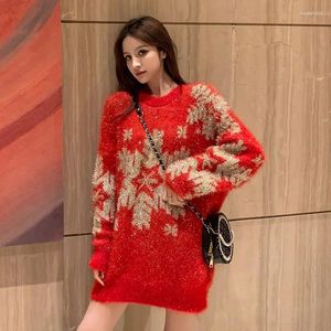 Kvinnors tröjor Autumn och Winter Mink Velvet Red Christmas Sweater For Women Mid-Length Lazy Loose Thicked Soft Waxy Silk Pullover