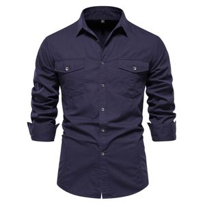 AIOPESON Autumn Military Style 100% Cotton Pocket Shirt for Men Solid Color Slim Casual Men Shirts Long Sleeve 240201