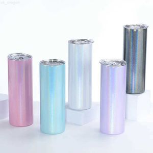 Thermoses 20oz Glitter Straight Skinny Tumbler With Lid Straw Stainless Steel Slim Travel Vacuum Water Bottle Cup For Hot Cold Drink