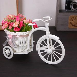 Vases Three-wheel Weaving Crafts Rattan Bike Vase With Bouquet Daisy Artificial Flores Home Decoration Ornaments Flower Basket