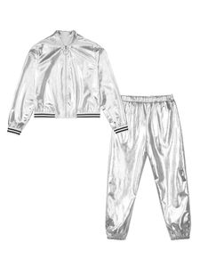 Kids Girls Sports Outfits Shiny Metallic Long Sleeve Zipper Jacket Topspants for Gym Workout Streetwear Stage Performance 240131