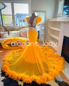 Bright Gold Sparkly Prom Ceremony Dresses for Women Luxury Diamond Crystal Feather Birthday Gown Vestido de Noche