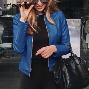 Spring Autumn Overized Stand Collar Fashion Zipper Jacket Ladies Slim All-Match Pu Leather Coat Top Women Solid Color Cardigan 240125