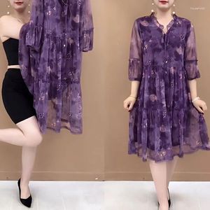 Casual Dresses Women's Clothing Plant Printed Vintage Stylish Shirring Drawstring 2024 Spring Summer 3/4 Sleeve A-line midje Midi Dress