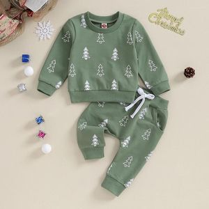 Kleidungssets Kleinkind Kinder Baby Jungen Mädchen Weihnachtskleidung Grüner Weihnachtsbaum Druck Langarm O-Ausschnitt Sweatshirts Hosen Casual Outfits