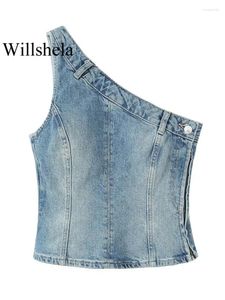 Women's Tanks Willshela Women Fashion Denim Blue Side Zipper Cropped Tops Vintage Asymmetrical Neck Female Chic Lady Crop Top