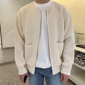 Men's Sweaters Autumn Winter Solid Color Simple Cardigan Coat Hombre Round Neck Zipper Pocket All-match Knitted Top Male Outwear Female