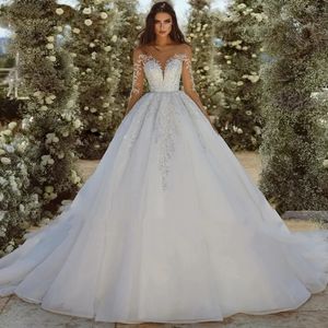 Klassisk bröllopsklänning för kvinnor 2024 Scoop Neck Long Illusion ärmar Pärlapplikationer Glänsande Princess Bridal -klänning Vestidos de Novia