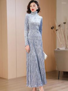 Casual Dresses Spring Autumn Women Turtleneck Velvet Dress Patchwork Design Gray Long Ankle-Length Sleeve