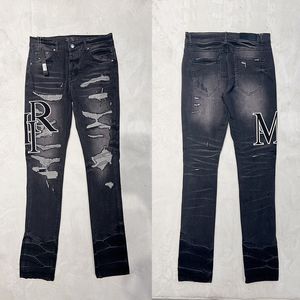 24SS USA Moda Erkek Plus Boyut Nakış Denim Pantolon Yırtılmış Delikli Pantolon Günlük Vintage Yıkalı Boyama Stilleri Kot Pantolon Dipler Yeni Renkler 0201