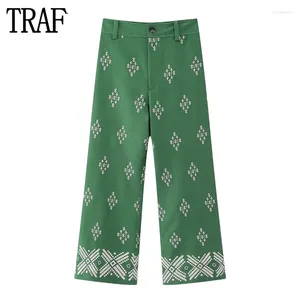 Kadın pantolonlar tarf yeşil nakış pantolonları kadınlar için geniş bacak yaz yüksek bel mavili kadın y2k sokak kıyafeti
