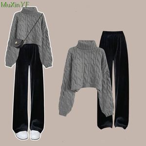 Kadınlar Sonbahar Kış Yavurucu Kazak Siyah Pantolon 1 veya İki Parçalı Set Lady Basic Warm Teps Pantolon Kıyafetler Takım 240122