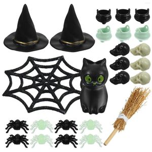 Party Decoration 1 Set Halloween Doll House Miniature Mini Witch Hat Ornament Plastic Black Spiders Broom Cauldron Heads Spider Web