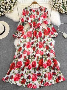 Vestidos casuais férias de verão lindo rosa flor maxi vestido feminino manga longa floral impresso elástico cintura alta chiffon robe vestidos
