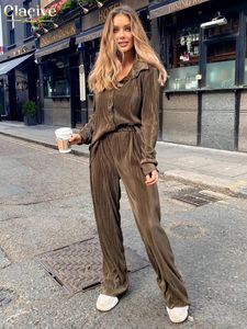 Claceive Casual Loose Shirts Pants Set Woman 2 Pieces Elegant Brown High midjebyxa DUITS mode veckad hem Wide Trouser Suits 240129