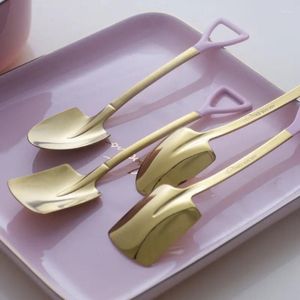 Spoons Golden Pink Spoon Iron Catalpa Shape Retro Cute Square Head Children 304 Stainless Steel Shovel Ice Cream Dessert