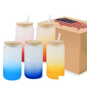 Tumblers Großhandel 16 Unzen Farbsublimation Gradient Glas Bierglas gefrostet transparent geformt mit Bambus Drop Lieferung Hausgarten Kitch Dhbfs