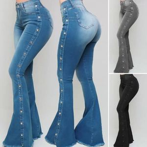 Damen Jeans Denim Hose Kontrolle Bauch bodenlang dehnbar Frauen Slim Fit Nieten Dekor Schlaghose Damenbekleidung