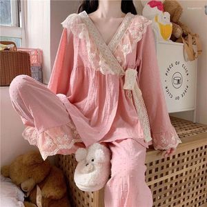 Women's Sleepwear 2024 V-neck Tied Pajama Set For Women Spring Autumn Tops Long Sleeved Pants Lace Pajamas