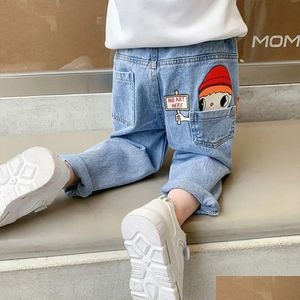 Jeans adorável dos desenhos animados crianças primavera outono casual cintura elástica meninas denim calças 2-8 anos de idade crianças calças 240118 gota entrega bab otk0v