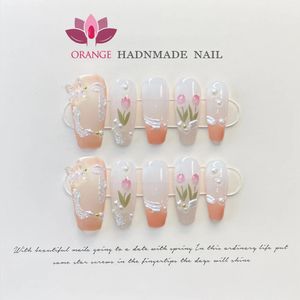 Square Handmade Press on Nail With 3D Flower Designed Medium Length Red White Manicuree Wearable Full Cover Artificial Nail Art 240201