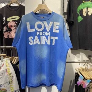 Men's T-Shirts Summer Saint T-shirts Blue Tie Dyed Cotton Short Sleeved Top American High Street Vintage Washed Old Tshirts Men Women Q240201