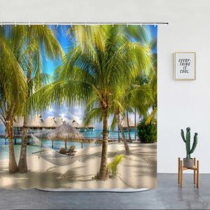 Shower Curtains Island Palm Trees Ocean Beach Curtain Vacation Hawaii Scenery Summer Polyester Fabric Bathroom Decor Sets Hooks