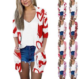 Women's T Shirts Fashion Loose Casual Pocket Printed Cardigan Seven-Part Sleeve Jacket Top Slim-Type Temperament Ropa Mujer