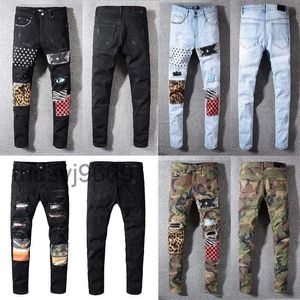 Abbigliamento classico Jeans Uomo e donna Stampato di alta qualità Verde militare Stampa leopardata Distruzione Jeans da moto dritto da uomo SG34