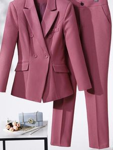 Casual Pant Suits for Women Long Sleeve Office Korean Fashion Two Piece Double Breasted Slim Spring Summer 240127