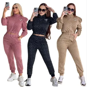 Europe and America Cross Border Women's Clothing Fashion Commuter Printed Embroidered Turtleneck Sports Two-Piece Set 3 Colors in Stock