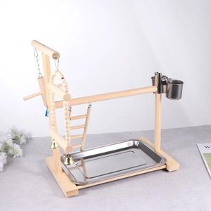 Outros suprimentos de pássaros Parrot Playstand Playground de madeira com escada pendurada balanço poleiro e copos de alimentação brinquedos de exercício de periquito (incluem um