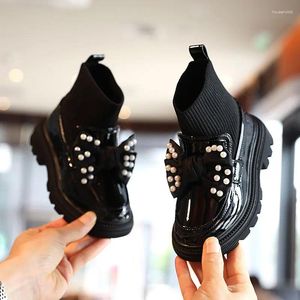 Boots Fashion Kids Slip-on Shoes Girl Knit Ankle Patent Leather Pearl Bowknot 2024 Child School Uniform Dress Thick Bottom