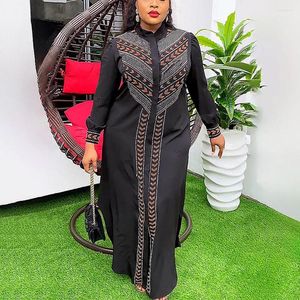 Casual Dresses Elegant African Black Shirts For Women O Round Full Sleeve Single Breasted Diamond Floor Length Birthday Party Dress