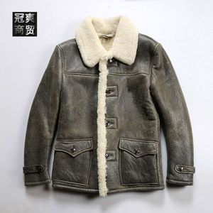 Casual Large Buckle Lapel Sheep Leather Fur Integrated Jacket for Mens Push Crack AO97