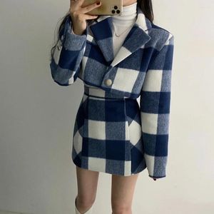 Work Dresses Single Button Blue White Plaid Woolen Coat Crop Notched Long Sleeve Top Sexy High Waist Skirt Fashion OL Autumn Sets